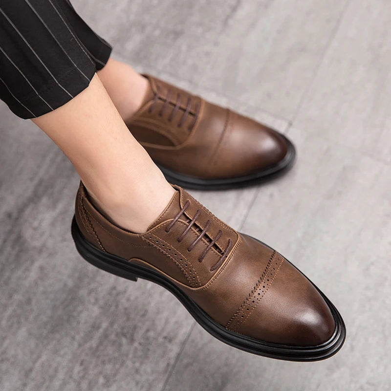 2024 New Men Dress Shoes Leather Shoes Fashion Derby Shoes Classic Casual Business Wedding Footwear Brown Italy Male Formal Shoe