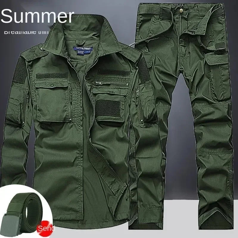 Summer Tactical Sets Mens Outdoor Breathable Multiple Pockets Combat Training  Long Sleeve Shirts Cargo Pants Suits Male
