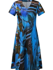 Plus Size Summer Loose Dress Women's V Neck Printed High Waist Evening Party