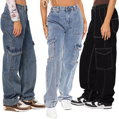 Women Baggy Cargo Jeans Lady High Waist Patchwork Pockets Wide Leg Oversized Pants