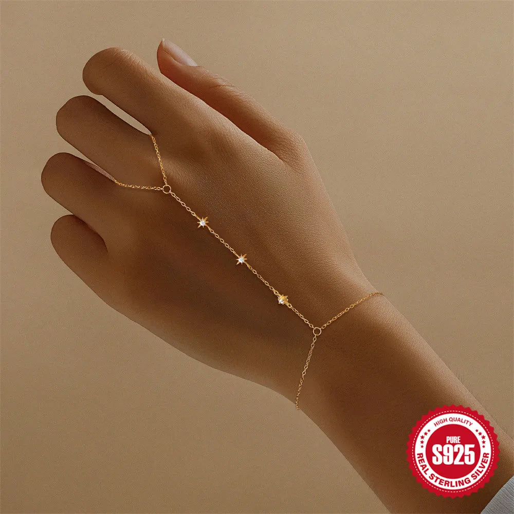 ROXI 925 Sterling Silver Heart/Star Zircon Bracelet With Finger Design For Women Hand Chain Accessories Party Jewelry Gift