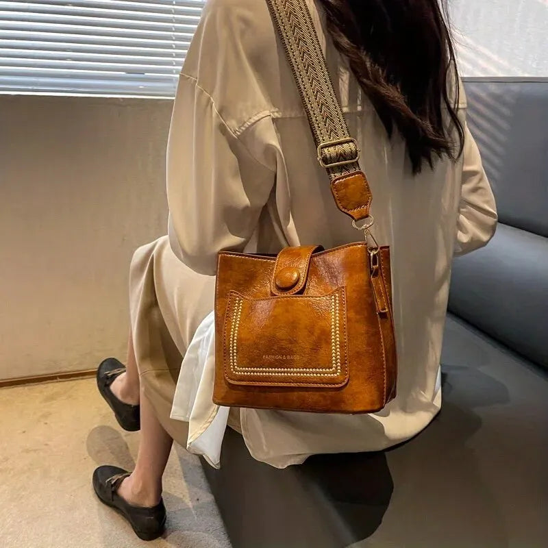 Vintage Simple PU Leather Bucket Crossbody Bags for Women Luxury Designer