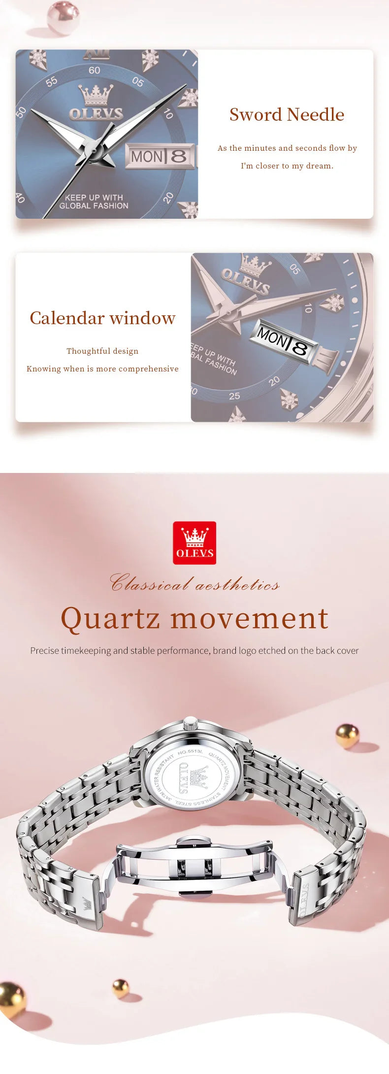 OLEVS 5513 Quartz Watch for Women Diamond Scale Dual Calendar Stainless Steel Strap Waterproof Watch Elegant Ladies Wristwatches