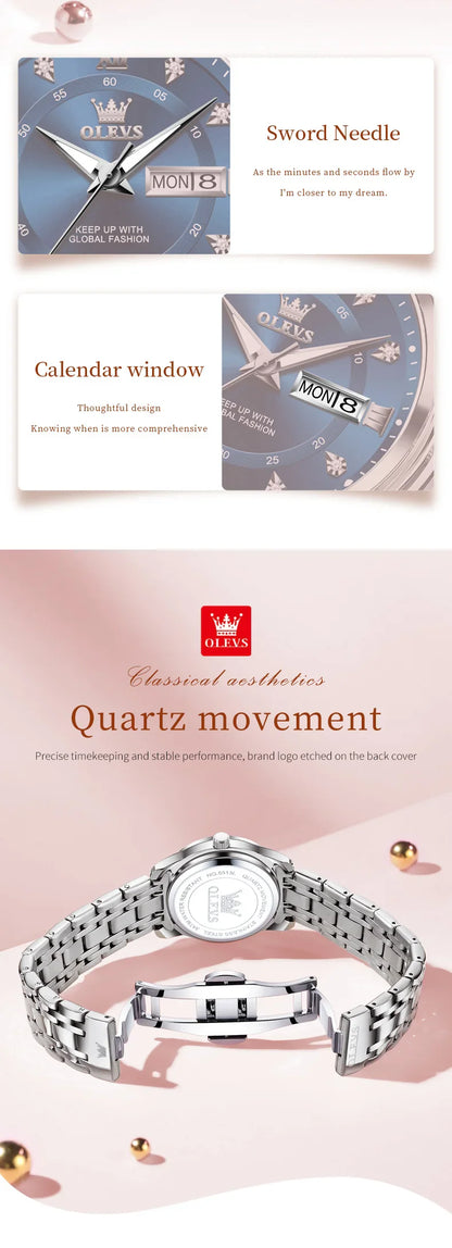 OLEVS 5513 Quartz Watch for Women Diamond Scale Dual Calendar Stainless Steel Strap Waterproof Watch Elegant Ladies Wristwatches