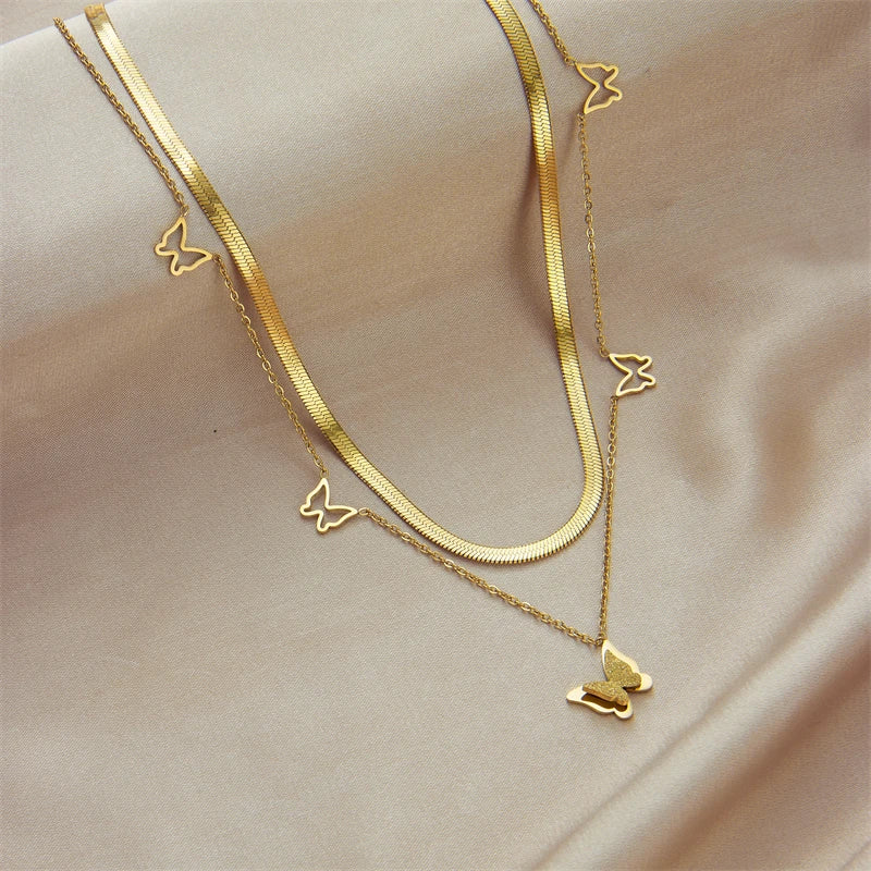 Stainless Steel Geometry Star Moon Butterfly Pendant Multilayer Chain Choker Necklace