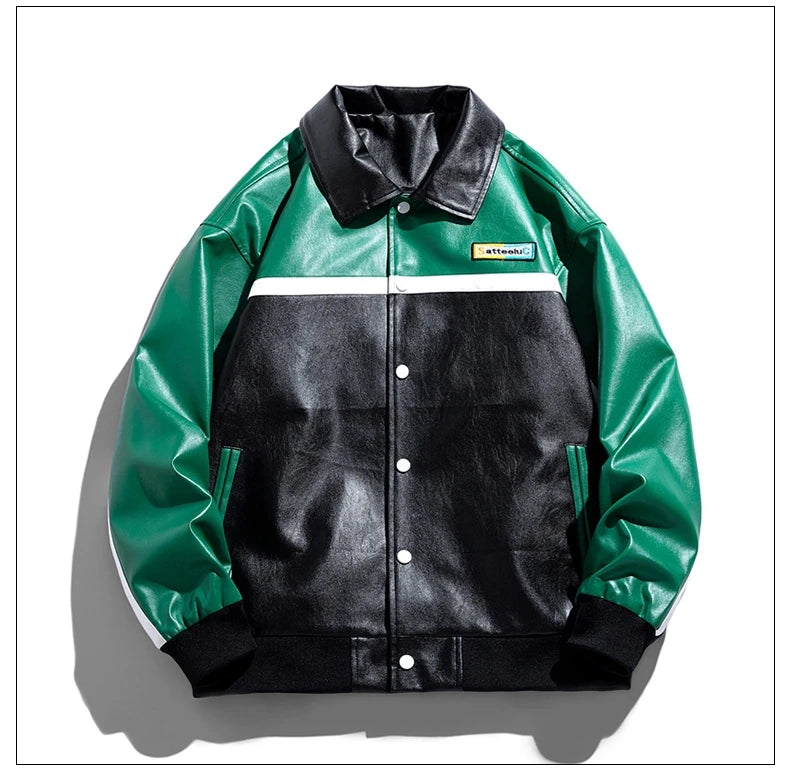 Unisex Embroidery Varsity Leather Jacket Harajuku Patchwork Streetwear Men Vintage