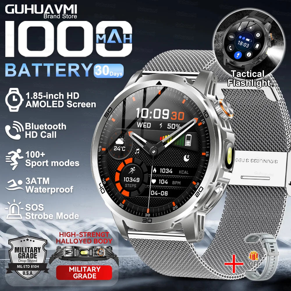 1000mAh Super Large Battery Military Smart Watch BT Call LED Flashlight SOS Alarm 5ATM Waterproof Outdoor Tactical Watches Men