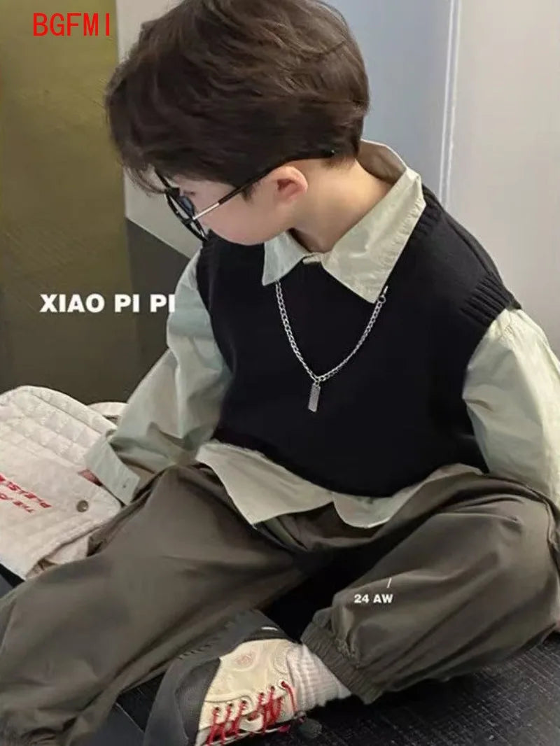 Boys' Black Vest + Shirt+ Casual Pants 3pcs Set Children's Spring Long Sleeved Early Autumn Set Baby Cool and Handsome Clothes