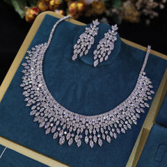 Fashion White 5A CZ Zirconia Leaf Earring Necklace for Women Bridal Weddings Jewelry