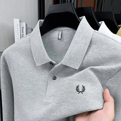 100% pure cotton high-end brand men's long sleeved polo shirt autumn fashion hot selling wheat embroidery golf business T-shirt