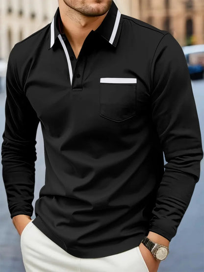 Spring and fall best-selling fashion golf men's lapel pocket comfortable casual sports solid color long sleeve breathable top