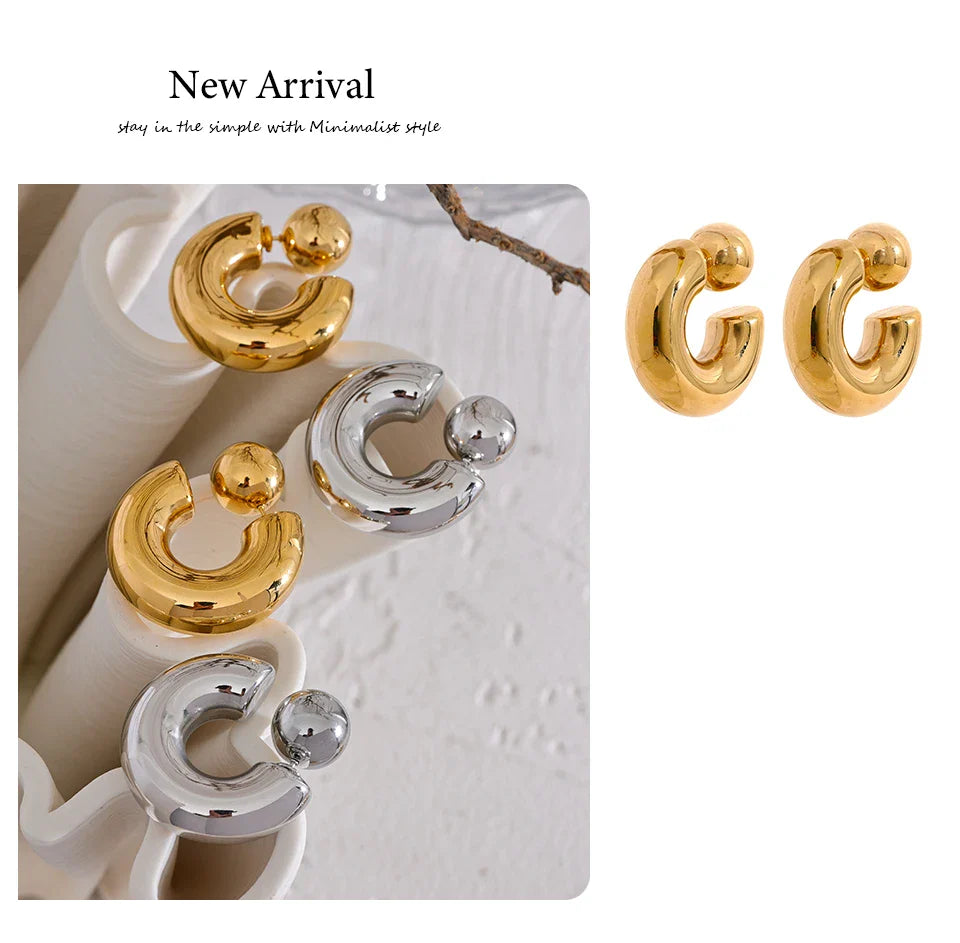 Yhpup Stainless Steel C Shape Round Chunky Unusual Earrings Jewelry Waterproof Metal Texture Attractive Women Accessories Gift