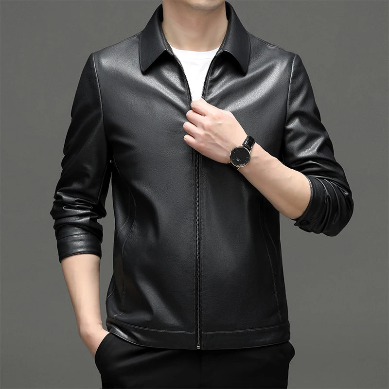 Spring and Autumn Men's Genuine Leather Polo Mock Neck Jacket Fashion