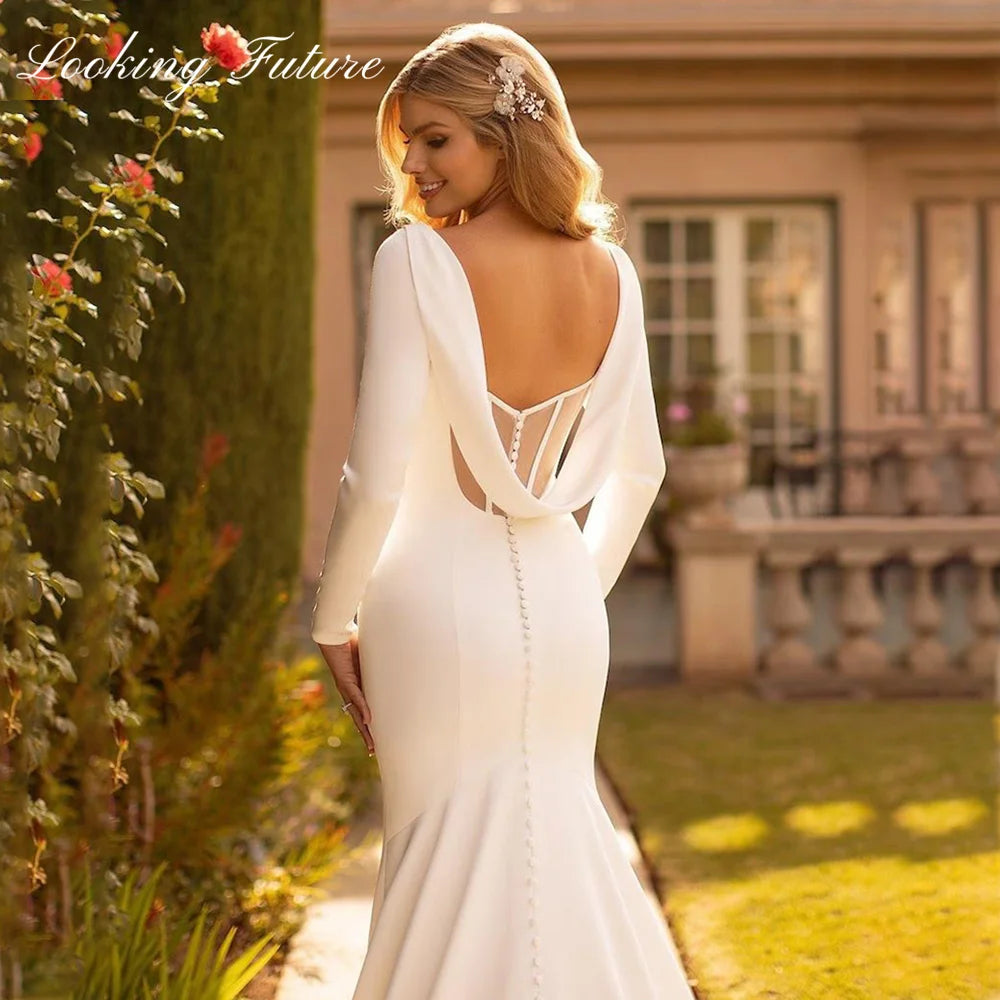 White Bridesmaid Dresses: Wedding Dress Satin Cowl Back O-Neck Bridal Gown