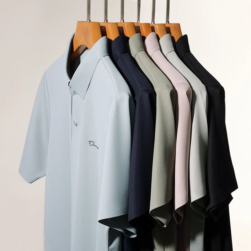 Summer seamless ice silk short sleeved T-shirt, polo shirt, flip collar, casual elastic top, breathable thin half sleeve