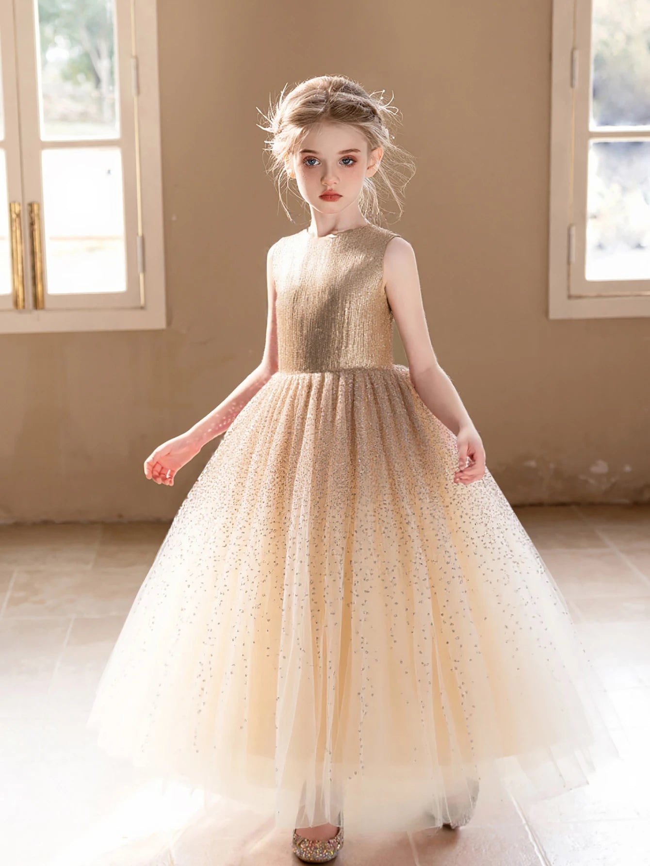 Girl Princess Dress High-end Champagne Sequined Dress for Girls Wedding Birthday Party Puffy Gauze Skirt Bridesmaid Dresses