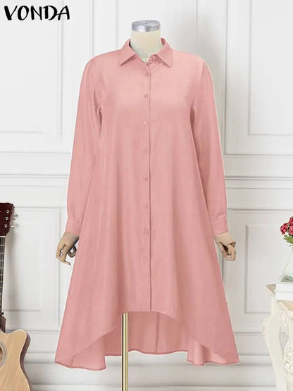 Plus Size 5XL VONDA Women Vintage Shirt Dress 2023 Autumn Denim Long Sleeve Asymmetrical Midi Vestidos Solid Elegant Sundress