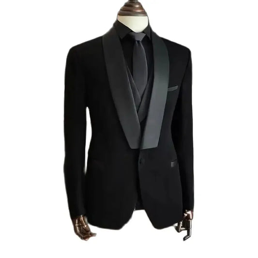 Men Suits High Quality Black 3 Piece Jacket Pants Vest Elegant Blazer