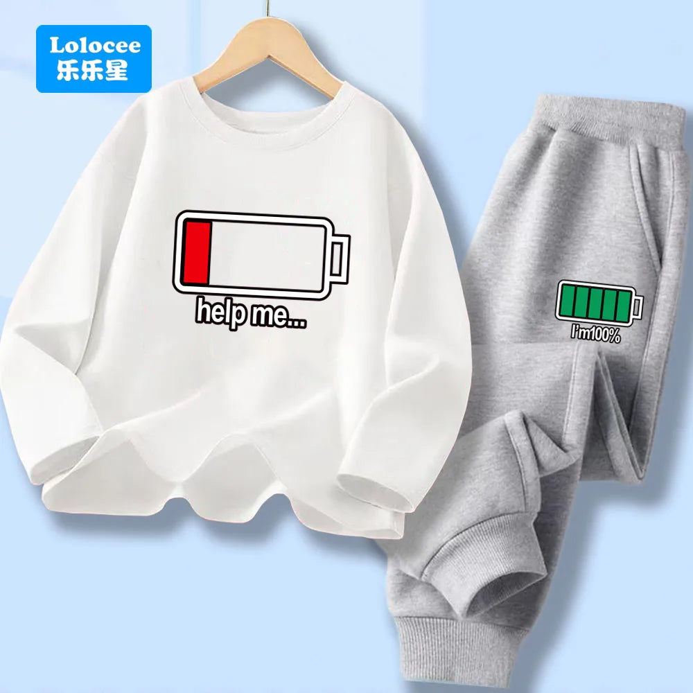 Autumn Kid Boy Long Sleeve 2pcs Clothes Set Children Funny Battery Letter Printed T-shirt Pullover Top And Pants Tracksuits DCW1