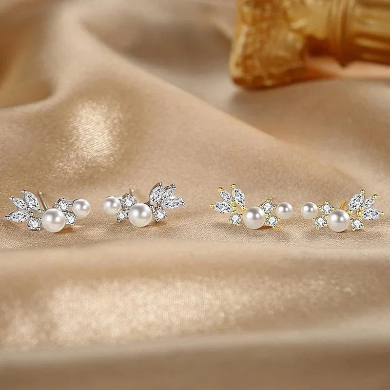 Huitan Graceful Gold Color/Silver Color Stud Earrings Lady Simulated Pearl Jewelry Chic Shiny Zirconia Accessories for Wedding
