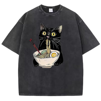 Unisex Hip Hop T Shirt Vintage Washed 100% Cotton T-Shirt Black Retro Cat Eating Ramen Graphic Tee Casual Streetwear
