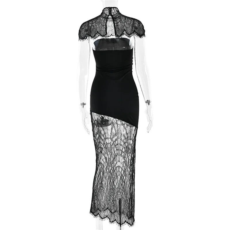 Mozision Lace Backless Sexy Mini Dress Women Gown Elegant See Through Turtleneck Sleeveless Bodycon Club Party Dresses Female