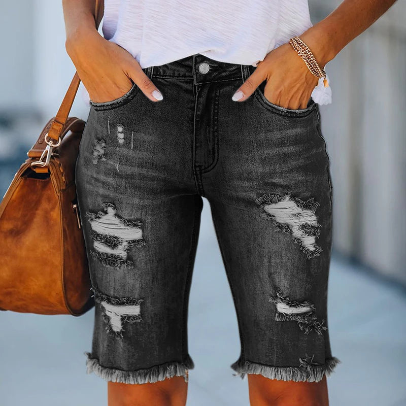 Cycling Denim Shorts Woman Fashion Tassel Tight Five-Point Shorts Washed Female Jeans