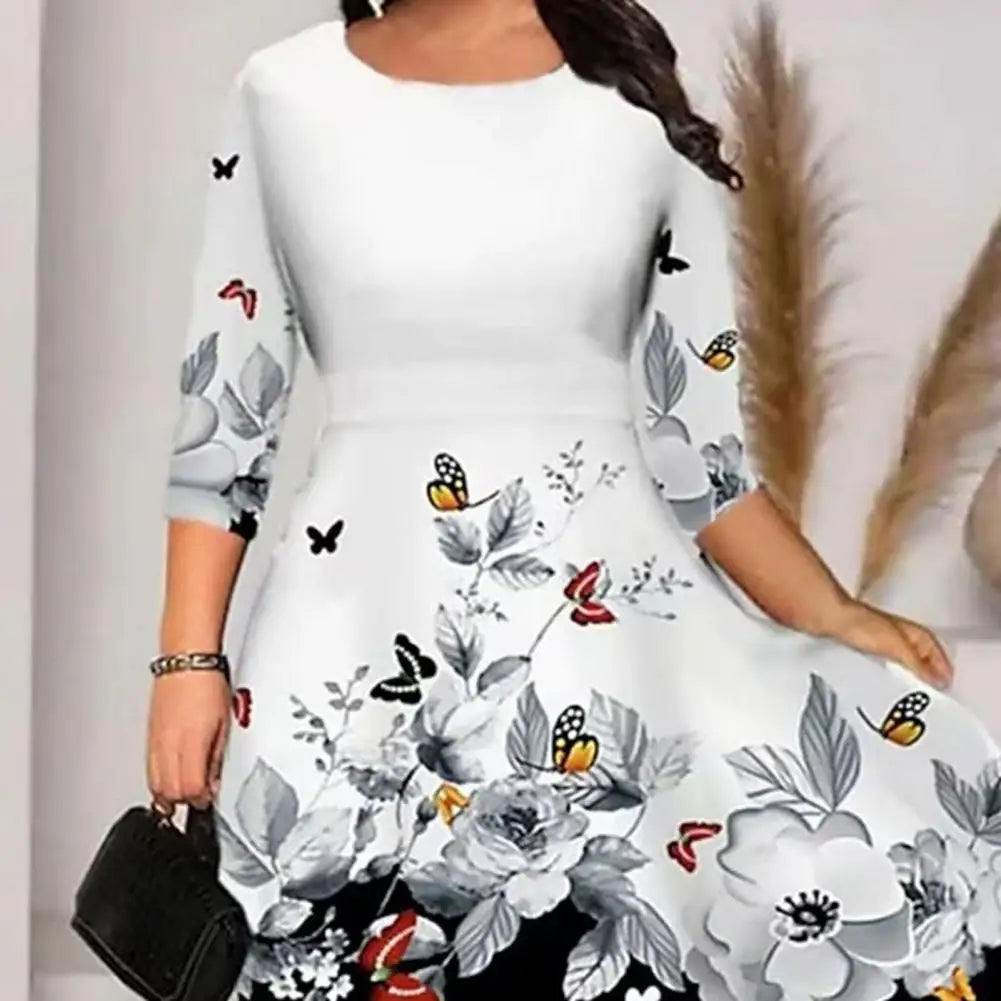Women Dress Summer O-neck 3/4 Sleeve Midi Dress Plus Size Butterflies Printing Waist Tight Loose Hem Casual Dress Streetwear