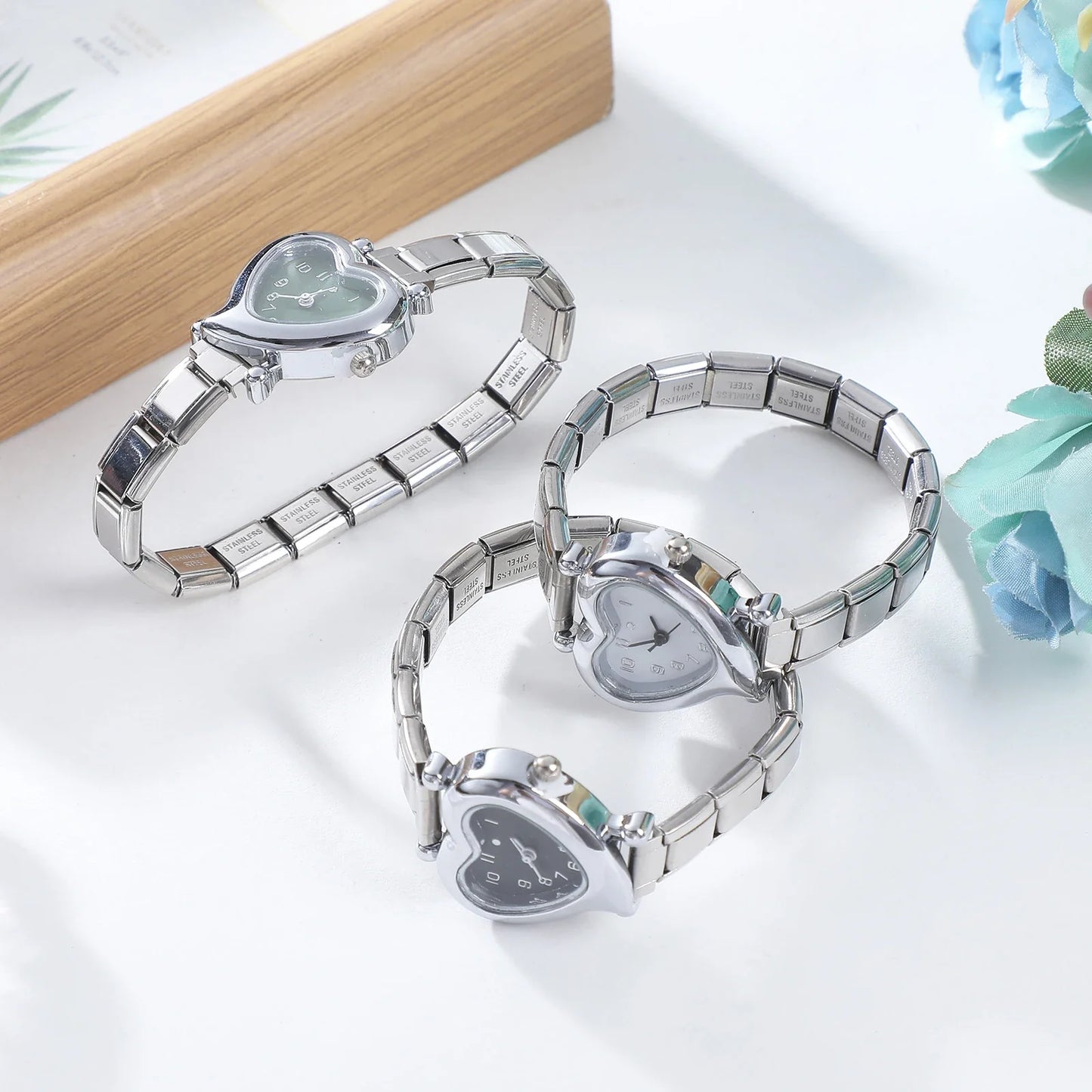 High Quality Fashion DIY 9MM Width Italian Elastic Charm Stainless Heart Shape Watch Bracelet Bangle for Friend Birthday Jewelry