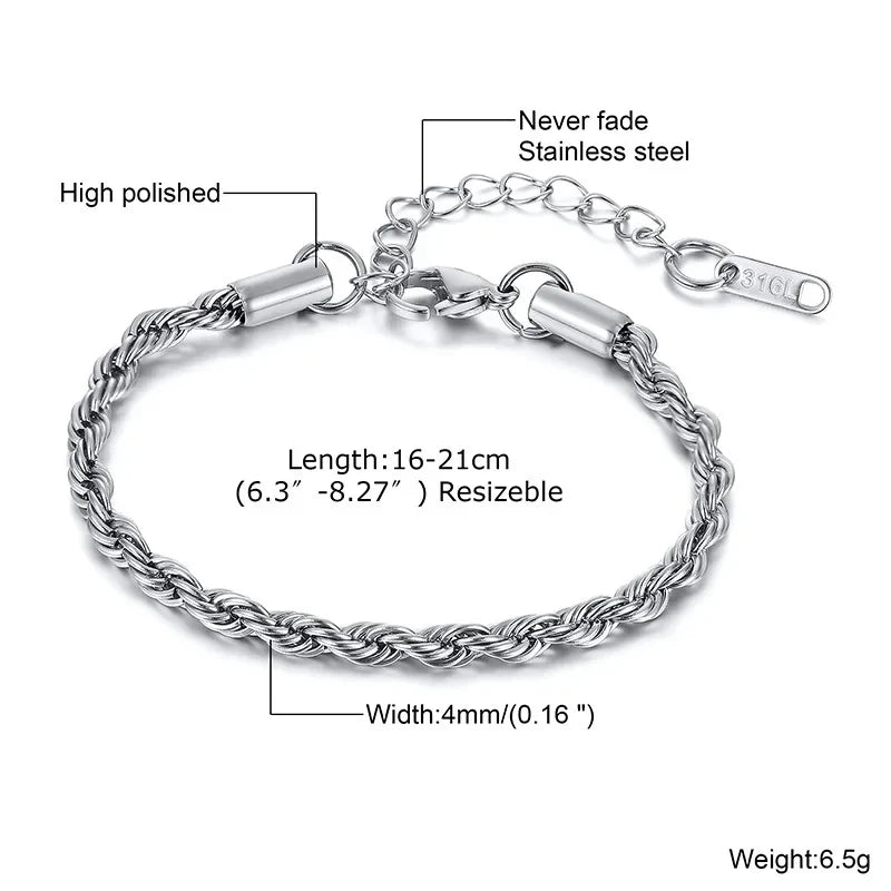 Vnox Unisex Rope Chain Bracelets for Men Women, Stainless Steel Twisted Links Chain Bracelet,Simple Classic Jewelry Gift for Him