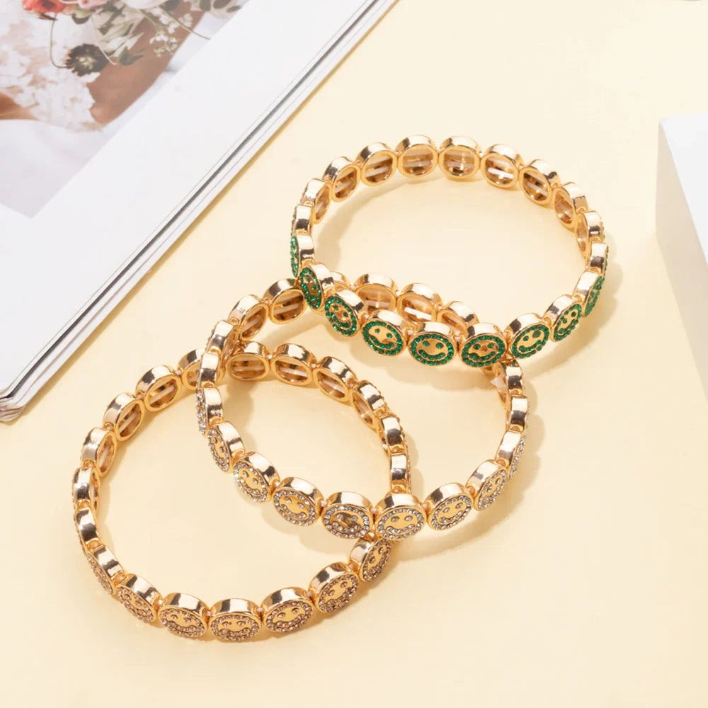 2024 New Happy Bangle Paved Diamond Enamel Beaded Bracelets For Women Boho Gold Color Elastic Bracelets