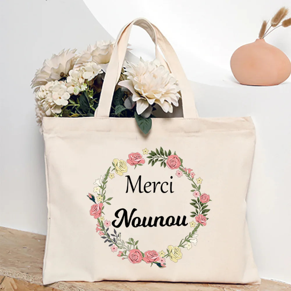 Merci Nounou French Printed Women Shoulder Bag Canvas Tote Bag Female