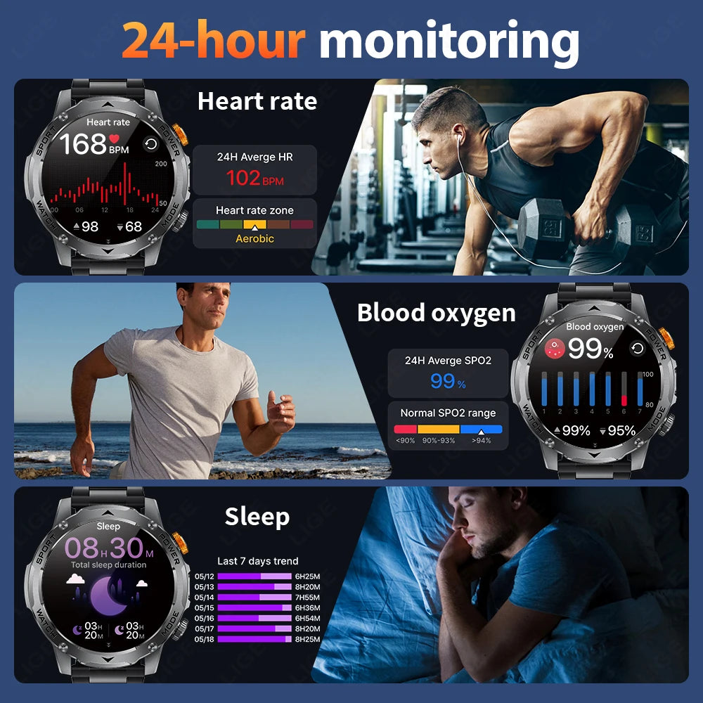 LIGE Military Smart Watch Men 1000mAh Battery Outdoors LED Flashlight Waterproof Heart Rate Sport BT Call 1.7" AMOLED Smartwatch