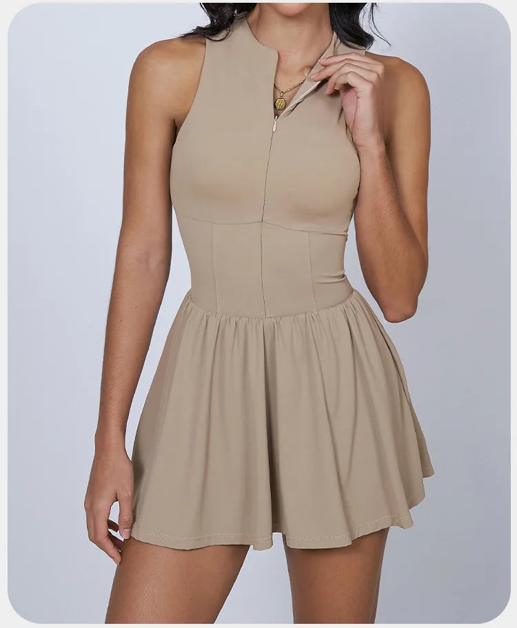BIANHUI Women's Summer Sundress Fake Two-Piece Stand Collar Dress Running Anti-Exposure Base Layer A Flared Tennis Skirt