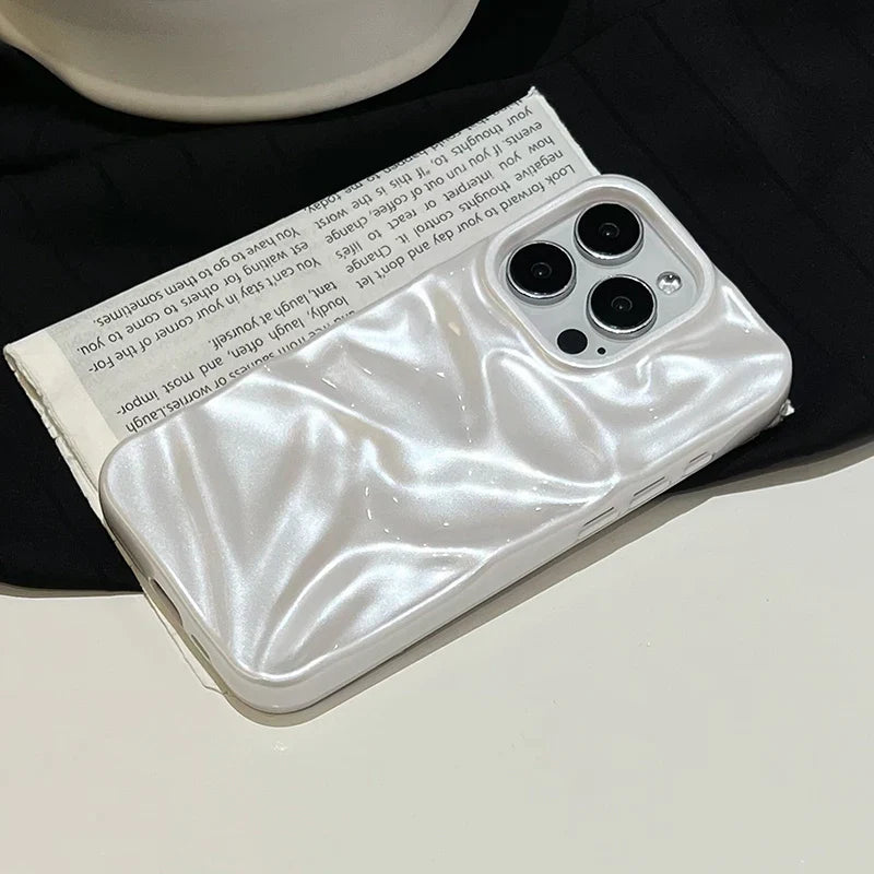 Pearl White Folds Texture Case For iPhone 16 13 14 11 12 Pro Max 15 Plus Stylish Glossy Soft TPU Phone Back Cover