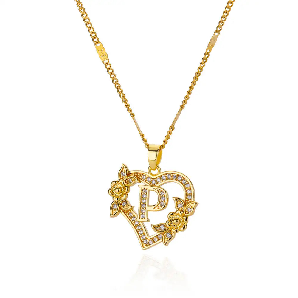 Flower Zircon Initial Heart Pendant Necklaces For Women 2024 Trend Stainless Steel Letter Necklaces Jewelry Best Friend Gifts