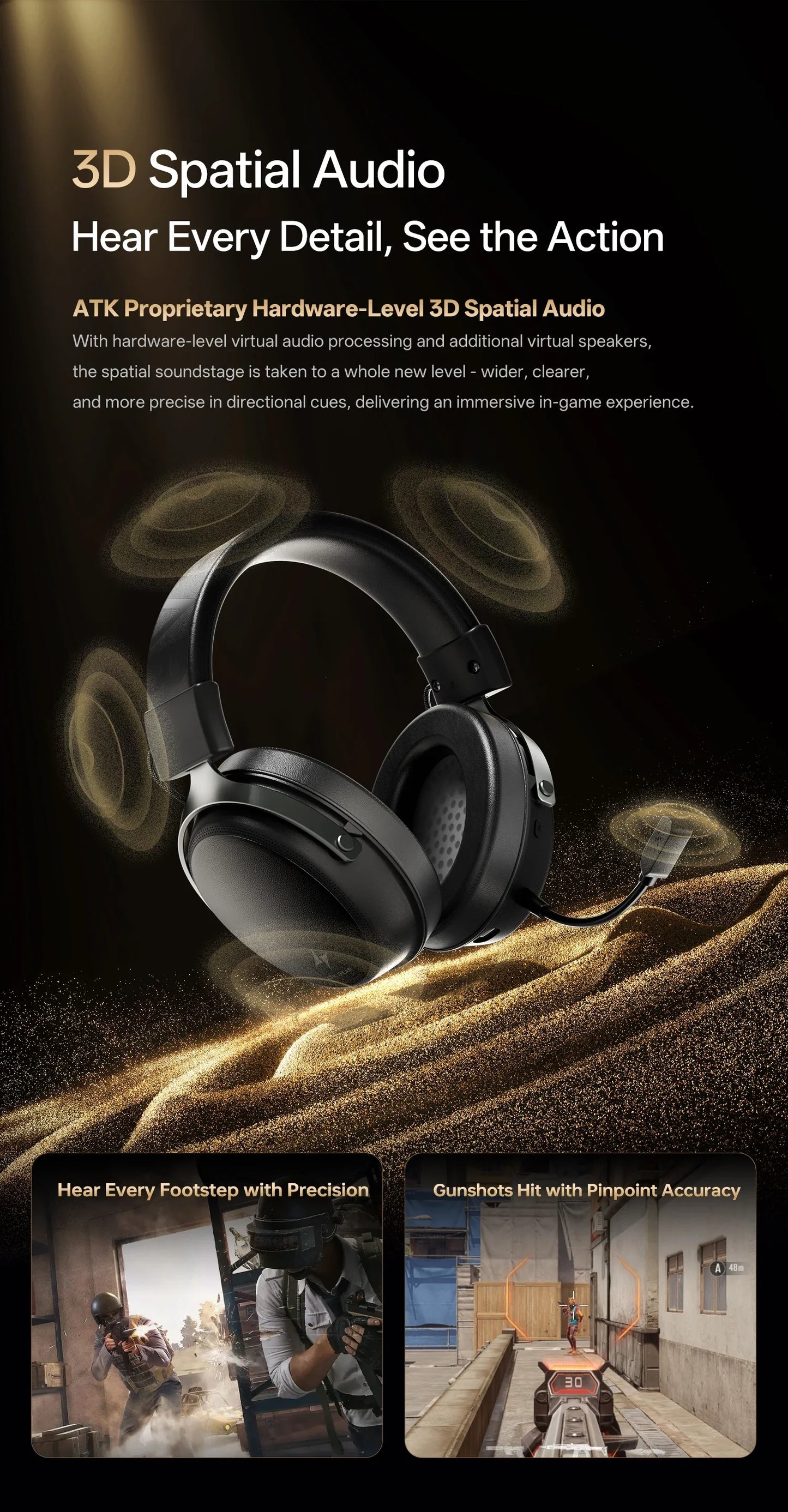 ATK M1 Game Headset Three Mode Wireless Headworn PS5  PC Gaming Headset Microphone Virtual 7.1 Surround Noise Reduction Headset