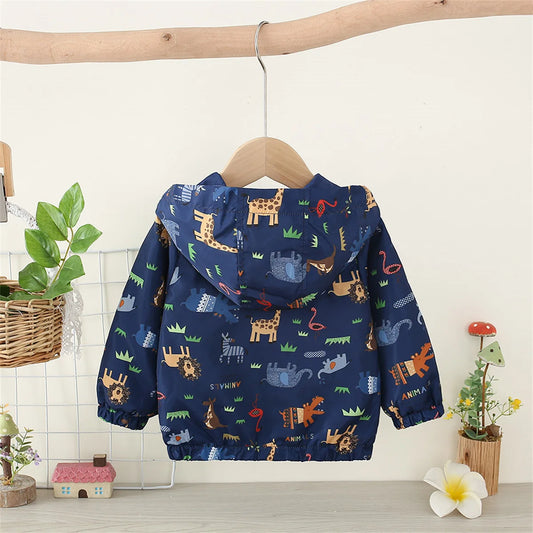 Baby Coat Boys' Hooded Zipper Jacket Children'S Cartoon Print Windproof Casual Coat