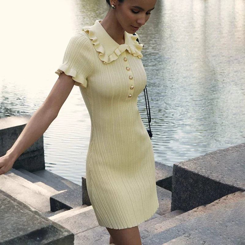 Tornova Ruffled Knitted Mini Dresses For Women High Waist Summer 2025 New Short Sleeve Dress Bodycon Female Retro Elegant Dress