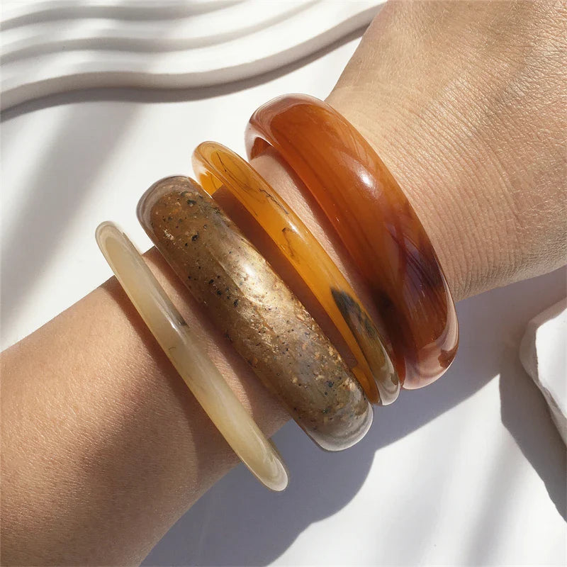UJBOX 4-Piece Brown & Cream Marble Acrylic Resin Bracelet Bangle Set Stackable Jewelry Lightweight & Eco-Friendly Bulk Discount