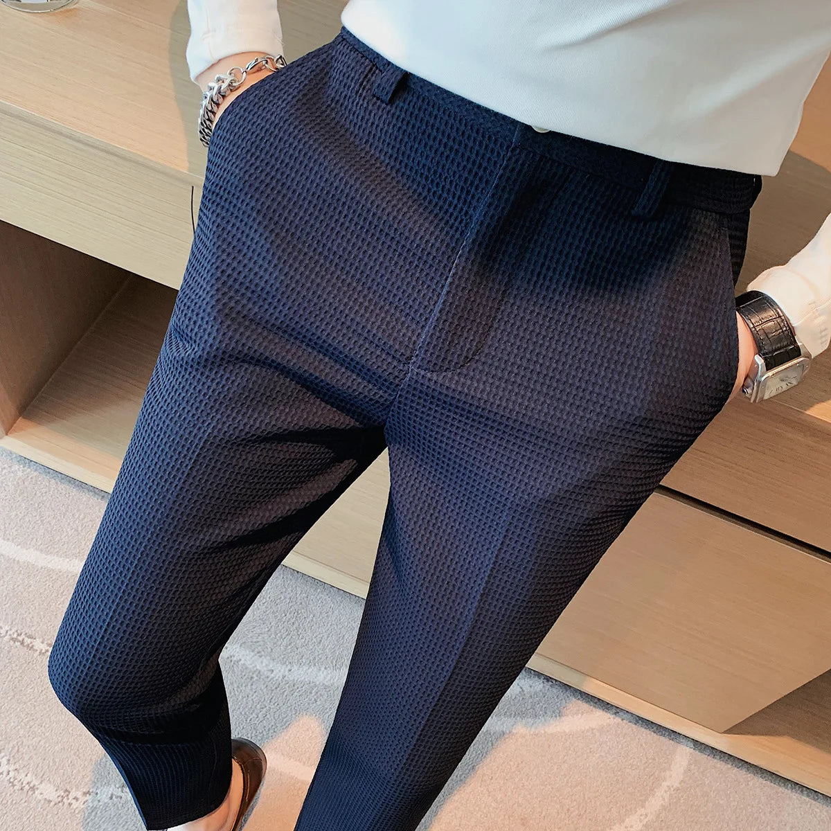 Fashion Business Casual Men's Pants Cropped Pants Waffle Pattern New Trend Spring Summer Casual Trousers