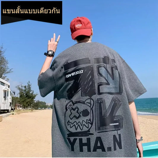 M-8xL Spring Men's T-shirt Short Sleeve Cartoon Graffiti Print Male Female Alphabet