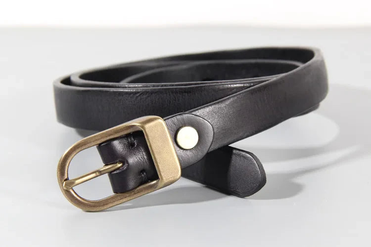 Retro Narrow Cowhide Women's Belt Pure Copper Button Top Cowhide All-match Casual Jeans Belt High Quality Luxury Women Belt