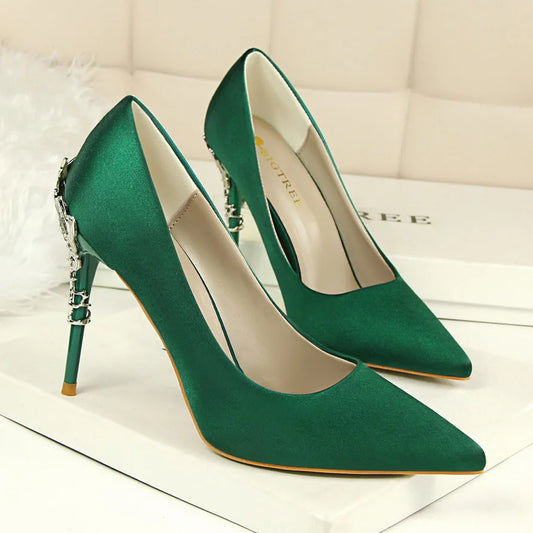 Woman 10cm High Heels Metal Heels Satin Silk Dress Fashion Pumps Lady