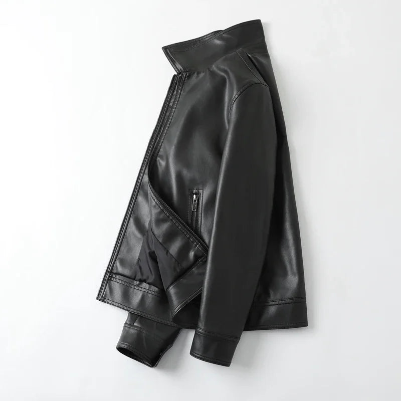 Men Bomber Leather Jacket Anti-wind Lapel Solid Casual Slim Fit Jacket