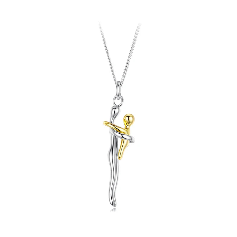 WOSTU Real 925 Sterling Silver Hug Embrace Pendant Necklace Silver Gold Two-tone Mom & Child Pendant Family Gift  Mom Jewelry