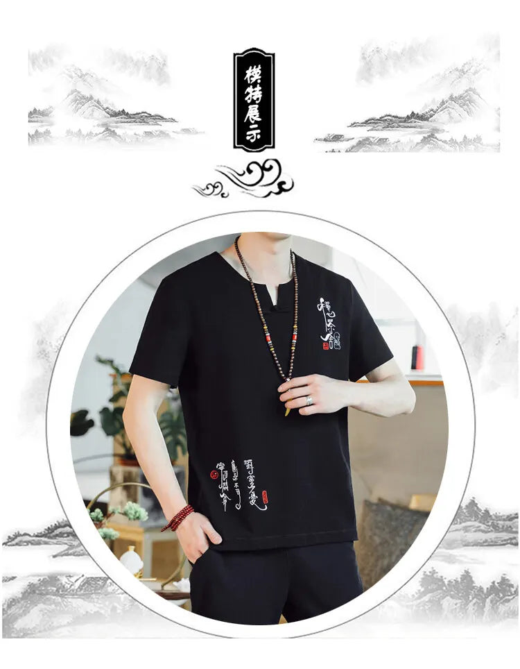 (Shirt + trousers) 2025 summer Chinese Style men shirt Cotton and linen shirts men's High quality casual shirts Two Piece M-5XL