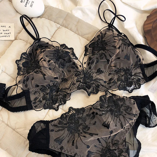 French Lace Flowers Embroidery Bra Set Ultra Thin Women Underwear