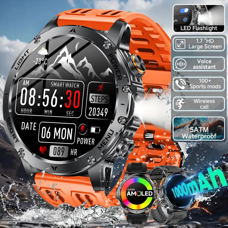 2025 New GPS Outdoor Sports Smart Watch Men AMOLED Screen NFC Flashlight Heart rate Waterproof Bluetooth Call 1000mAh SmartWatch