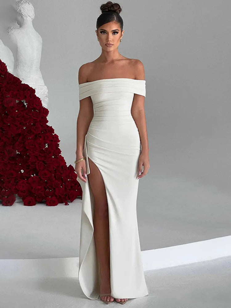 Formal attire Dresses: Mozision Off-shoulder Ruffle Thigh High Split Maxi Dress